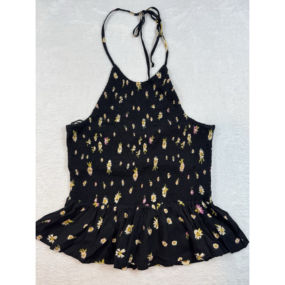 Patrons of Peace Black Floral Smocked Halter Top Size Large Summer‎